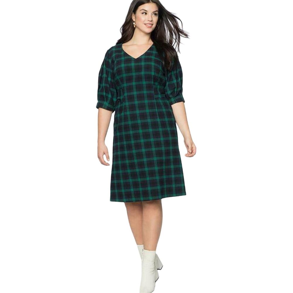 Eloquii Cotton Flannel Green Navy Plaid Tie Back Office Casual Fall Spring Dress